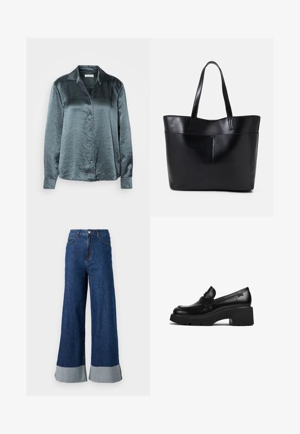 Mørk teal satin skjorte med lange ærmer og krave, knaplukning foran, glat tekstur og let glans, med fem knapper og opkrøllede ærmer.; Løs pasform denimbukser med en mørkeblå vask, der har en kontrastfarvet lys blå kant og klassisk fem-lomme design.; Sorte læder loafers med chunky hæl, tyk sål og en remdetalje henover, vist fra siden på en hvid baggrund.; Sort læder tote taske med to lange håndtag, en glat tekstur og en struktureret form. Har en forlommem for ekstra opbevaring.; Sølv hoop øreringe med en glat, poleret overflade. Rund form og sikker klik-lukning. Letvægtsdesign, der er velegnet til hverdagsbrug.
