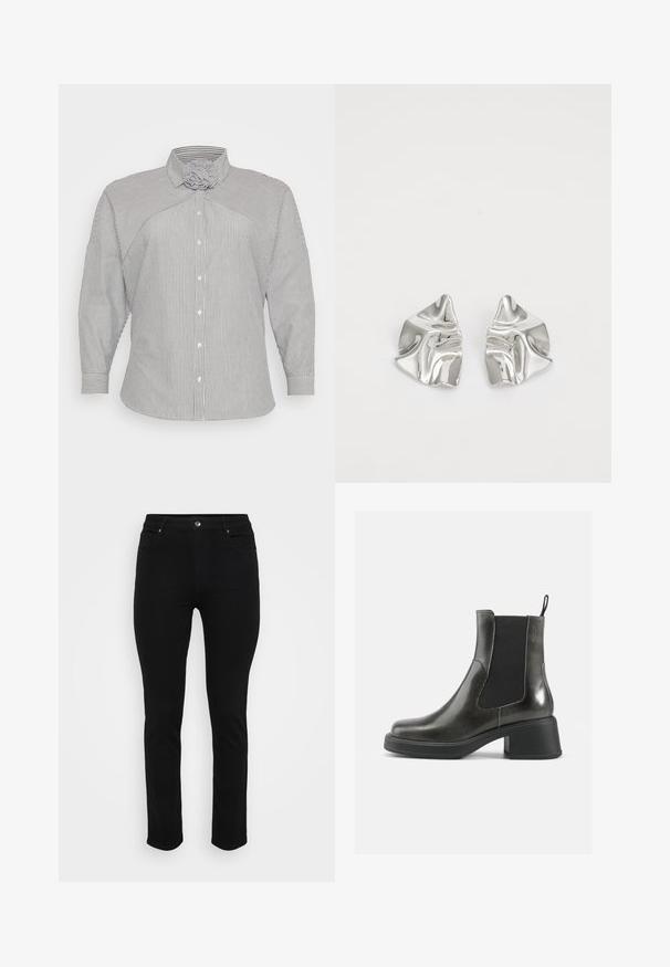Blau-weiß gestreiftes Langarmhemd mit einem einzigartigen Kragendesign und durchgehendem Knopfverschluss. Besitzt schmal zulaufende Manschetten und einen weichen, strapazierfähigen Stoff.; Schwarze Jeans aus Denim mit schlanker Passform, Fünf-Taschen-Design, vorderer Knopfverschluss und leichtem Stretch für Komfort. Flache, glatte Textur mit minimalen Details.; Schwarze Leder-Ankle-Boots mit glatter Oberfläche, elastischen Seitenpanelen und einem massiven Absatz. Sie verfügen über eine Zugschlaufe für einfaches Anziehen.; Silberne Metallohrringe mit einem wellenförmigen, skulpturalen Design, das eine polierte Oberfläche und unregelmäßige Formen aufweist, die eine zeitgenössische Ästhetik betonen.