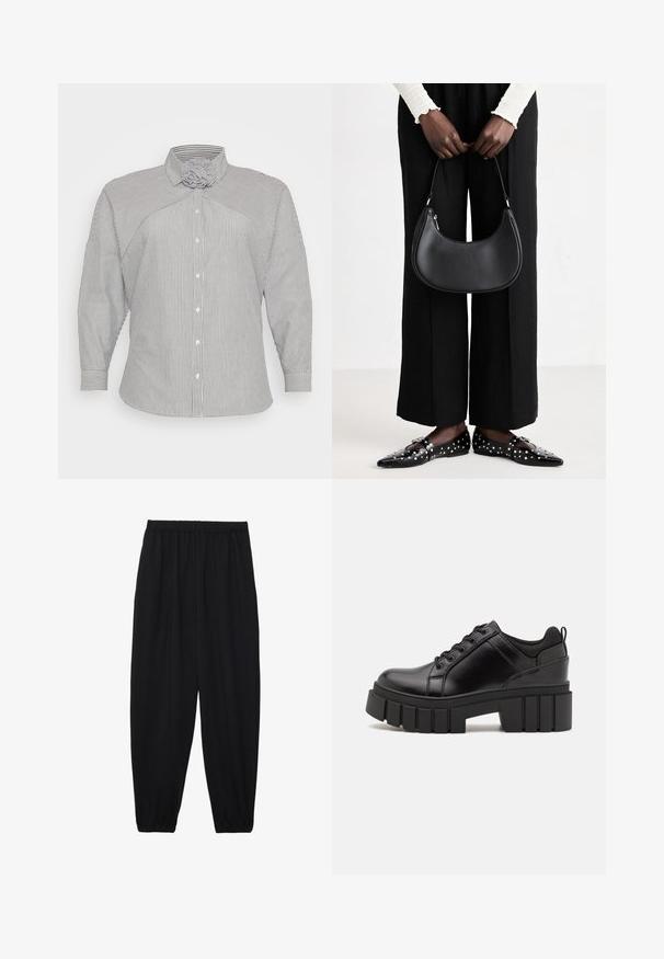 Pánská dlouhá rukávová košile pruhovaná modro-bílá s jedinečným designem límce a zapínáním na knoflíky. Má zúžené manžety a měkkou, strukturovanou látku.; Černé, lehké kalhoty s elastickým pasem a nařasenými kotníky. Tkanina je hladká a má uvolněný, zúžený design.; Černé kožené platformové boty s masivním blokovým podpatkem, kulatou špičkou a tradičním šněrováním. Mají hladký povrch a minimální detaily.; Černá kožená kabelka přes rameno s kulatým tvarem, lesklým povrchem a stříbrnými kovovými prvky. Osoba v černých širokých kalhotách a s ozdobenými mokasíny.