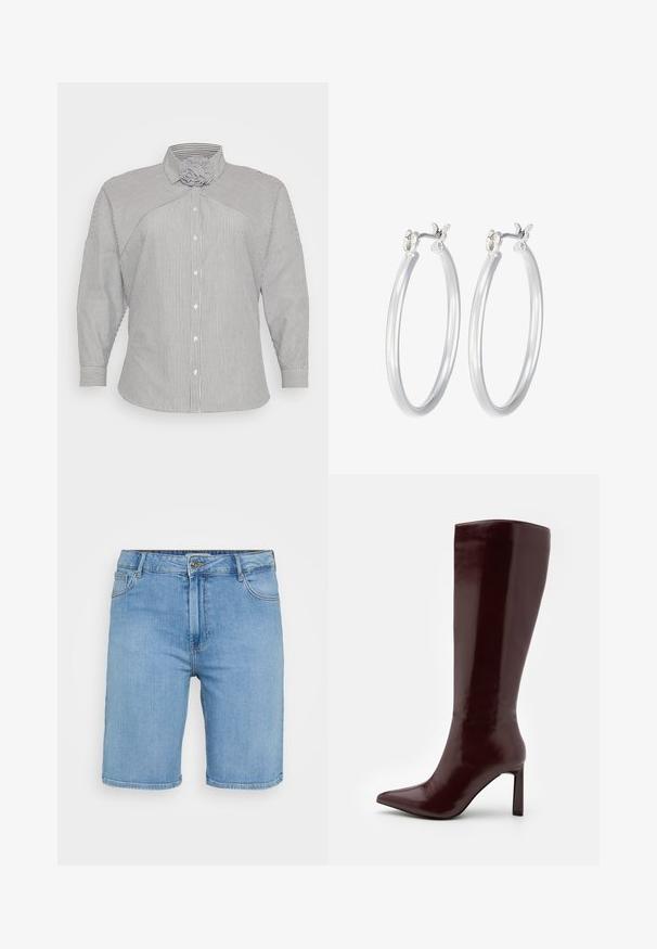 Niebiesko-biały w paski długi rękaw koszula z unikalnym wzorem kołnierza i zapięciem na guziki. Posiada zwężane mankiety oraz miękki, teksturowany materiał.; Jasnoniebieskie dżinsowe szorty o klasycznym kroju, z zapięciem na guzik z przodu, szlufkami na pasek oraz dwoma bocznymi kieszeniami. Gładka struktura i prosta końcówka.; Even&Odd - Kozaki; Srebrne kolczyki w formie kółek o gładkim, polerowanym wykończeniu. O okrągłym kształcie i pewnym zapięciu na klik. Lekka konstrukcja odpowiednia do codziennego noszenia.