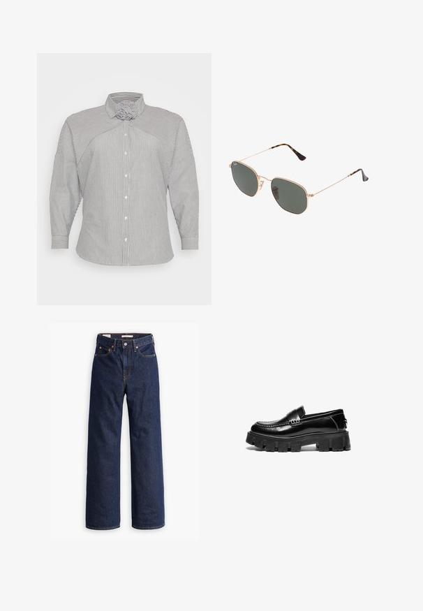 Mėlynos ir baltos juostelės ilgomis rankovėmis marškiniai su unikalia apykaklės dizaino ir užsegimu priekyje. Su siaurėjančiais rankogaliais ir minkšta, tekstūruota medžiaga.; Tamsiai mėlynos tiesaus kirpimo džinsinės kelnės su penkiais kišenėmis, oranžinėmis siūlėmis ir mygtukų užtrauktuku.; Juodos odinės loafer batai su masyviu gumuotu padu, dekoratyvine juostele per viršų ir kontrastinga balta siūle. Lygi tekstūra su apvaliu pirštu.; Auksiniai metaliniai akiniai nuo saulės su tamsiai žaliomis lęšiais, aviator tipo, su siaurais rėmeliais ir kilpiniu akmeniu ant galiukų.
