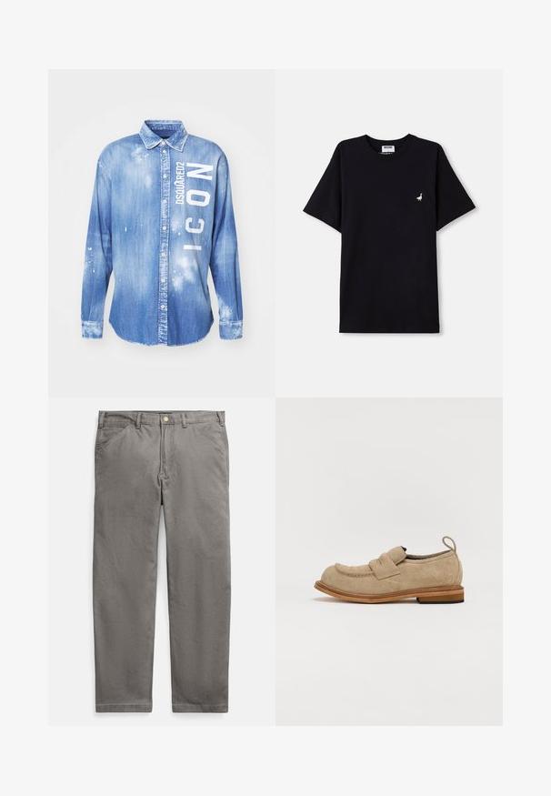 Chemise en denim bleu clair avec une fermeture à boutons sur le devant, des manches longues, un col et un texte imprimé blanc "DSQUARED2 ICON" avec des éclaboussures de peinture.; T-shirt noir en coton à manches courtes, avec un petit accent brodé de cane sur la poitrine et un col ras du cou.; Pantalon gris en coton avec une coupe droite, doté d'une braguette zippée et d'une fermeture par bouton en laiton. Deux poches avant et une texture lisse.; Mocassins en daim beige avec un bout arrondi, une sangle décorative sur le devant, et un talon en bois empilé. Comprend une languette à l'arrière.