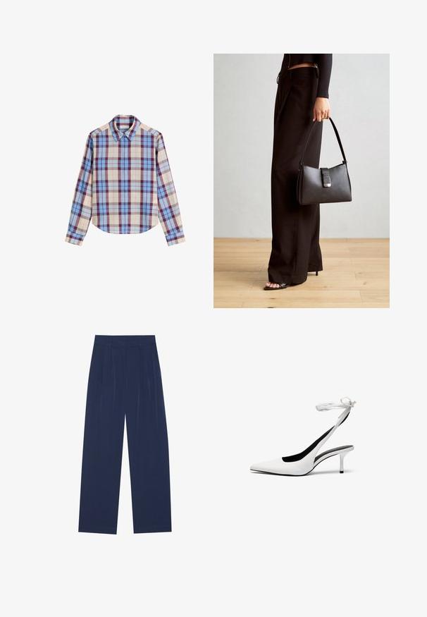 Langsleeve shirt met een meerkleurig ruitpatroon in tinten blauw, bordeaux en beige, gemaakt van een soepele stof. Klassieke kraag.; Navyblauwe wijde broek van zachte stof, voorzien van voorplooien, een gladde textuur en een rechte pasvorm zonder zichtbare zakken.; Witte pointed-toe slingback hakken met een dunne enkelband. Gladde leren materiaal, dunne stilettohak en een zwarte binnenvoering.; Zwarte handtas met gestructureerde vorm, gladde textuur en een metalen sluiting. Gecombineerd met brede zwarte broeken en sandalen met open teen op een houten vloer.