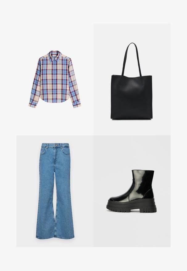 Long-sleeve shirt featuring a multicolored plaid pattern with shades of blue, burgundy, and beige, made of a smooth fabric. Classic collar.; Light blue flared jeans made of denim, featuring a high waist, five pockets, and a single button closure. Soft texture with faded finish.; Black glossy ankle boot with thick lug sole and rounded toe, side view on plain light gray background.; Black leather tote bag with smooth texture, rectangular shape, and two long handles. No visible hardware or embellishments.