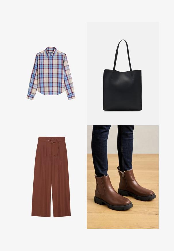 Koszula z długim rękawem w wielokolorowy wzór w kratę w odcieniach niebieskiego, burgundowego i beżowego, wykonana z gładkiego materiału. Klasyczny kołnierzyk.; Spodnie o szerokich nogawkach w brązowym materiale, z paskiem z kwadratową klamrą, plisowanym wzorem i gładką teksturą.; Brązowe skórzane botki do kostki z zamkiem błyskawicznym, teksturowana powierzchnia, gruba czarna gumowa podeszwa oraz miękka futrzana podszewka w okolicy kostki.; Czarna skórzana torba tote o gładkiej fakturze, prostokątnym kształcie i dwóch długich uchwytach. Brak widocznych elementów metalowych i ozdób.