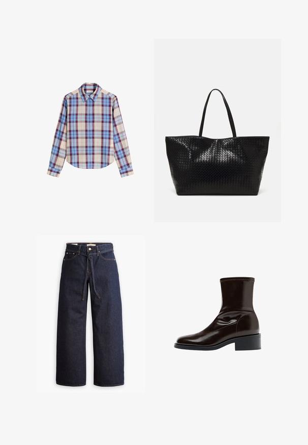 Long-sleeve shirt featuring a multicolored plaid pattern with shades of blue, burgundy, and beige, made of a smooth fabric. Classic collar.; Wide-leg dark blue denim jeans with a high waist, featuring a drawstring tie, five pockets, and contrasting stitching details.; Brown leather ankle boot with a smooth finish, square toe, textured stitching, and a low block heel. Features a sleek, minimalist design.; Black woven tote bag with two sturdy handles, featuring a glossy texture and a spacious open top design.