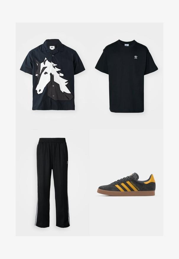 Kortermet skjorte i mørk marineblå stoff med et hvitt og svart hestehode-patch på fronten, knappelukking og standard krage.; Svart bomull T-skjorte med rund hals og korte ermer, med en liten hvit Adidas-logo på venstre brystområde.; Sorte treningsbukser med elastisk midjebånd, med hvite sidestiper og en liten logo. Materialet ser mykt og lett ut.; Sort skinnesko i svart semsket skinn med gule detaljer, med tre striper og en brun gummisåle. Inkluderer en polstret tunge for komfort.