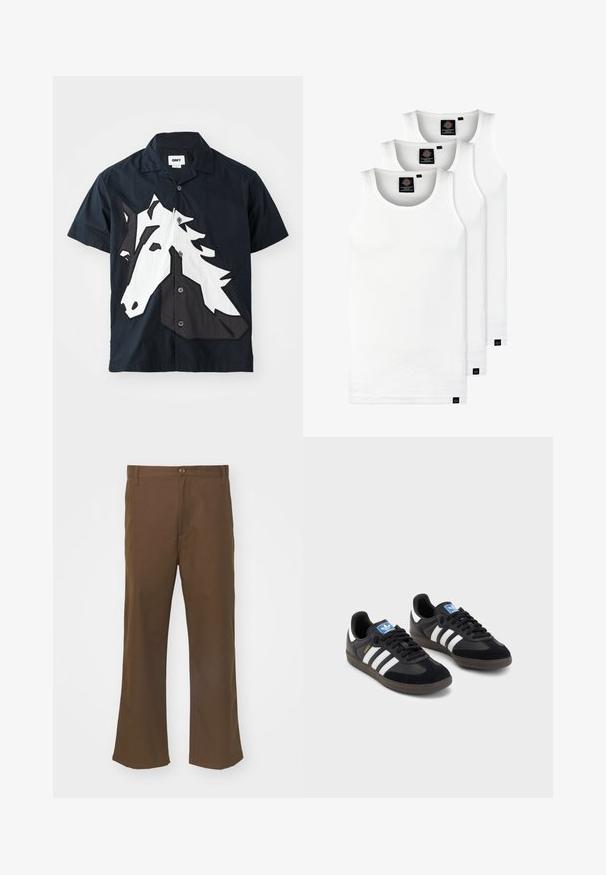 Koszula krótki rękaw w ciemnogranatowym materiale z naszywką w postaci białej i czarnej głowy konia z przodu, zapięcie na guziki i klasycznym kołnierzykiem.; Trzy białe prążkowane koszulki na ramiączkach wykonane z bawełny. Posiadają okrągły dekolt i małe czarne metki blisko dolnego brzegu. Dostępne w różnych rozmiarach.; Brązowe spodnie z szerokim dołem wykonane z gładkiego materiału, zapinane na guzik, z przednimi kieszeniami i prostymi szwami wzdłuż nogawek.; Czarne sneakersy z zamszową i syntetyczną cholewką, wyposażone w trzy białe paski, teksturowaną gumową podeszwę oraz niebieską metkę z logo na języku.