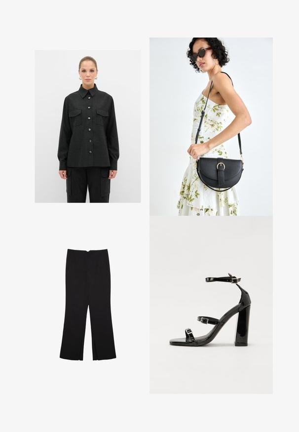 Mustassa napitettavassa paidassa on kaulus, kaksi rintataskua ja pitkät hihat, ja se on valmistettu teksturoidusta kankaasta. Napit ovat tummansiniset.; Mustat housut suoralinjaisella leikkauksella, joissa on etutaskut ja sivurei'ät helman alla. Valmistettu pehmeästä ja sileästä kankaasta. Sopii eri tilaisuuksiin.; Musta kiiltävä korkokenkä sandaalit neliönmuotoisella varpaalla, nilkkaremmillä ja hopeisilla soljilla. Varustettu tukevalla lohkokorkealla vakauden takaamiseksi.; Musta nahkainen käsilaukku, joka on kaareva muotoilultaan, irrotettavalla hihnalla ja kultaisilla yksityiskohdilla. Laukussa on läppä, jossa on solk yksityiskohta.