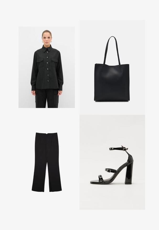 Camicia nera con colletto, due taschini sul petto e maniche lunghe, realizzata in un tessuto strutturato. I bottoni sono di colore blu scuro.; Pantaloni neri a gamba dritta, con tasche frontali e spacchi laterali all'orlo. Realizzati in tessuto morbido e liscio. Adatti a diverse occasioni.; Sandali con tacco in vernice nera, con punta squadrata, cinturini alla caviglia e fibbie in argento. Presentano un tacco a blocco spesso per maggiore stabilità.; Borsa tote in pelle nera con texture liscia, forma rettangolare e due manici lunghi. Nessun hardware o decorazione visibile.