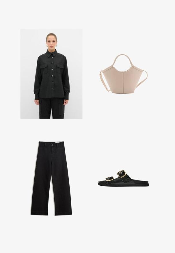 Camicia nera con colletto, due taschini sul petto e maniche lunghe, realizzata in un tessuto strutturato. I bottoni sono di colore blu scuro.; Pantaloni in denim neri a gamba larga con vita alta, dotati di tasche anteriori e posteriori, cuciture a punto, e chiusura con bottone. Texture liscia.; Infradito neri con due accenti di fibbia dorata, materiale dalla texture liscia, suola piatta e design minimalista.; Borsa in pelle beige con una forma unica, caratterizzata da due manici corti e una lunga tracolla regolabile. Texture liscia con hardware minimale.