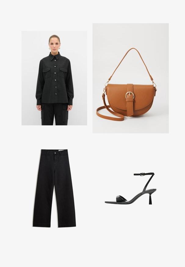 Sort skjorte med knapper, krave, to brystlommer og lange ærmer, lavet af et tekstureret stof. Knapperne er mørkeblå.; Sorte wide-leg denim bukser med høj talje, der har front- og baglommer, syede sømme og en knaplukning. Glat tekstur.; Bershka Højhælede sandaletter / Højhælede sandaler - black; Brun læder crossbody taske med en buet form, guldfarvet hardware og en spændeaccent. Har en aftagelig skulderrem.