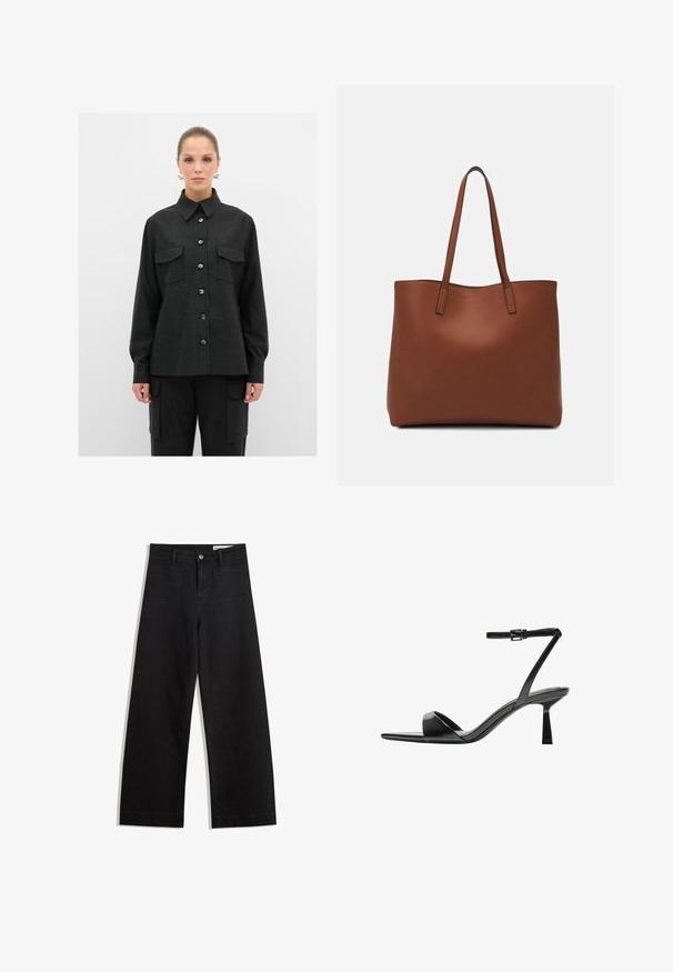 Zwarte overhemddas met een kraag, twee borstzakken en lange mouwen, gemaakt van een gestructureerde stof. De knopen zijn donkerblauw.; Zwarte denim broek met wijde pijpen en een hoge taille, voorzien van voor- en achterzakken, gestikte naden en een knoopsluiting. Gladde textuur.; Bershka Sandalen met hoge hak - black; Bruine leren tote bag met een gladde textuur, een ontwerp met een open bovenkant en twee schouderbanden. Kenmerkt zich door minimale stiksels en geen zichtbare hardware.