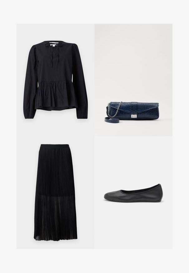 Čierna blúzka s dlhým rukávom a okrúhlym výstrihom, s detailom na viazanie, ktorá má rozšírený peplum lem a mierne nariasené rukávy. Hladká textúra látky.; Čierna plisovaná midi sukňa s hladkým, elastickým pásom a priesvitnou vrstvou, ktorá má jemné vertikálne plisovanie po celej textílii.; Čierne kožené baleríny s okrúhlou špičkou, hladkým povrchom, minimálnym prešívaním a flexibilným dizajnom podrážky.; Tmavomodrá kožená kapsička s krokodílovou textúrou, strieborný reťazový popruh a kovová spona. Obdĺžnikový tvar so sklápacím dizajnom.
