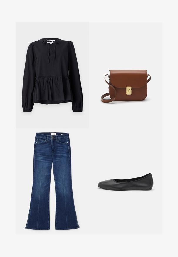 Black long-sleeve blouse with a round neckline and tie detail, featuring a flared peplum hem and slightly puffed sleeves. Smooth fabric texture.; White short-sleeve t-shirt made of ribbed fabric. Round neckline, regular fit, and subtle stitching details. No patterns or graphics.; Dark blue flared jeans made from denim. Features a high waist, front pockets, and slit details at the hem. Classic five-pocket design.; Black leather ballet flat with a rounded toe, smooth texture, minimal stitching detail, and a flexible sole design.; Brown leather handbag with a flap closure, gold-tone hardware, a shoulder strap, and a smooth texture. Compact rectangular shape.