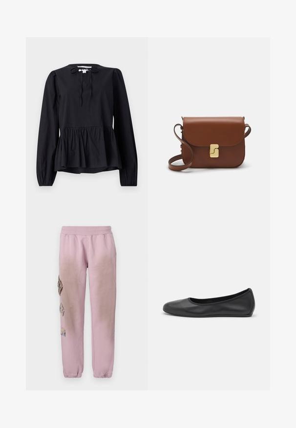 Sort langærmet bluse med rund halsudskæring og bindedetalje, med en udvidet peplumkant og let puffede ærmer. Glat stoftekstur.; Hvid kortærmet t-shirt lavet af ribbet stof. Rund halsudskæring, almindelig pasform og subtile syninger. Ingen mønstre eller grafik.; Lyserøde sweatpants med elastisk talje, prydet med dekorative patches i diamantform på venstre side og elastiske manchetter ved anklerne.; Sort læderballetsko med rund tå, glat tekstur, minimal syning og et fleksibelt såldesign.; Brun læder håndtaske med flaplukning, hardware i gyldent tone, en skulderrem og en glat overflade. Kompakt rektangulær form.