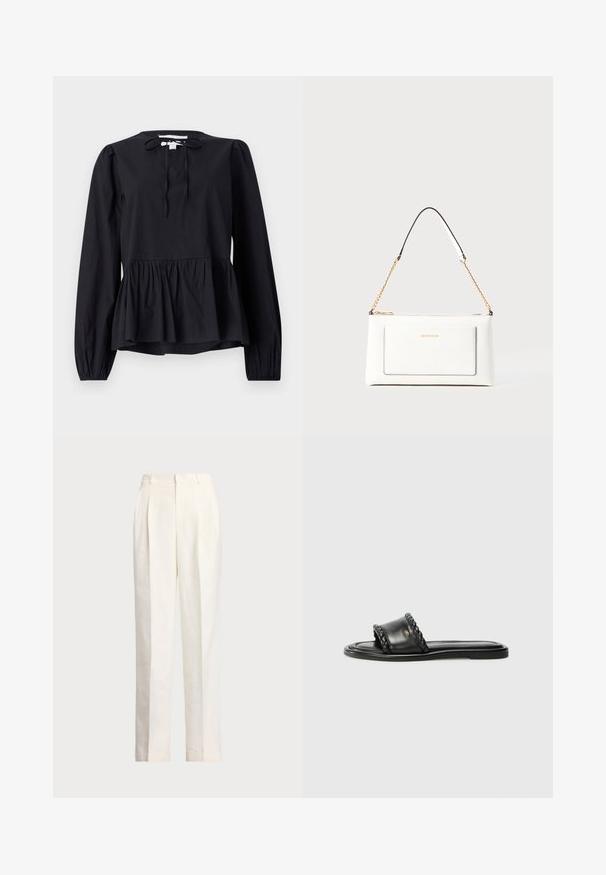 Blusa preta de mangas longas com decote redondo e detalhe de laço, apresentando uma bainha peplum fluida e mangas ligeiramente abufadas. Textura de tecido suave.; Polo Ralph Lauren HEMP WIDE LEG PANT - Calças - nevis; Sandal preto em couro com detalhe de fita trançada, sola plana e design elegante. Textura suave e perfil minimalista.; Bolsa de mão branca em couro com acabamento texturizado, featuring a corrente dourada e detalhes pretos. Inclui um bolso frontal e fecho com zipper.