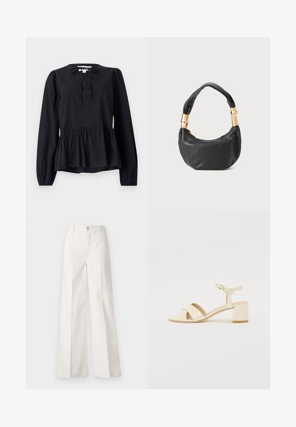 Crna bluzica dugih rukava sa okruglim izrezom i detaljem koji se veže, sa lepršavim peplum donjim rubom i blago napuhanih rukavima. Glatka tekstura tkanine.; Bijele široke hlače izrađene od pamuka s glatkom teksturom. Imaju prednji gumb, patentni zatvarač i dizajn s četiri džepa.; Bež sandale od lakirane kože na visokoj peti s dizajnom preklopnog remena, otvorenim prstima, podesivim remenom oko gležnja i blok petom. Glatka tekstura.; Crna kožna torba s okruglim oblikom, mekim teksturom i čvorastom ručkom s zlatnim metalnim detaljima. Zatvaranje na patentni zatvarač.