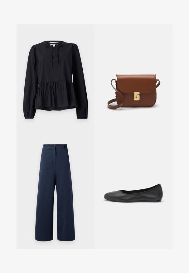 Bluză neagră cu mânecă lungă, guler rotund și detaliu cu fundă, având un tiv peplum evazat și mâneci ușor bufante. Textură de material neted.; Pantaloni largi de culoare bleumarin, confecționați dintr-un material neted, cu talie înaltă, dotati cu două butoane frontale, două buzunare laterale și tivuri drepte.; Balerini din piele neagră, cu vârf rotund, textură netedă, detalii de cusătură minimale și un design al tălpii flexibil.; Geantă de piele maro cu închidere tip capac, accesorii de culoare aurie, curea de umăr și o textură netedă. Formă compactă și rectangulară.