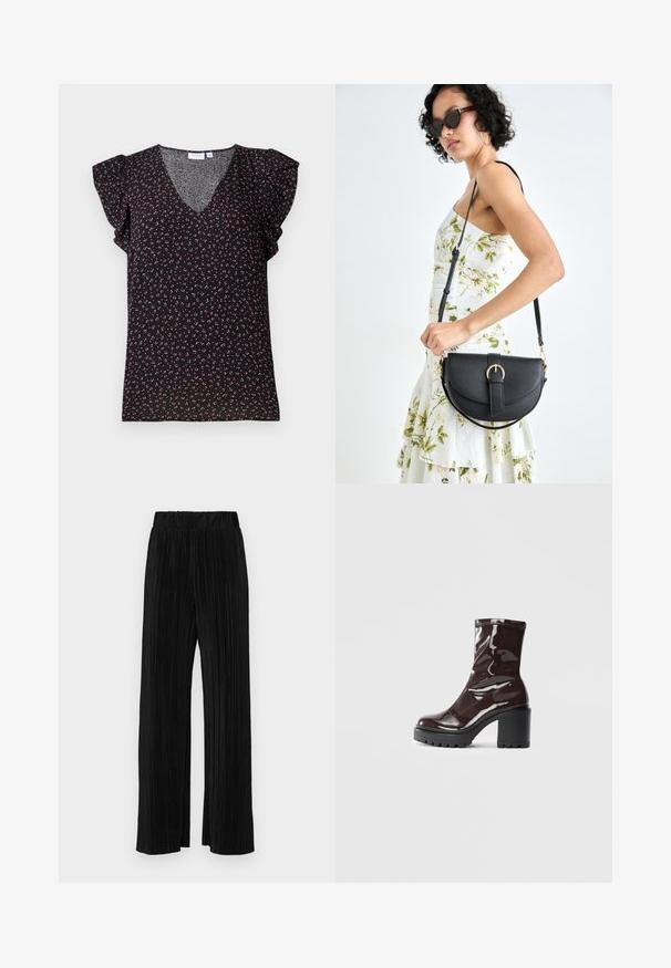 Bluză scurtă, neagră, cu mâneci scurte, având un gât în V și mâneci franjurate, împodobită cu un model floral roz și verde pe un material texturat.; Pantaloni negri plisati cu talie elastică. Prezintă picioare largi și un material neted, texturat, cu dungi verticale.; Botine lucioase burgundy, cu toc gros negru, având o textură netedă și un design simplu. Fără închideri sau modele vizibile.; Geantă din piele neagră, cu o formă curbată, curea detașabilă și accesorii aurii. Geanta are un capac cu un detaliu tip cataramă.