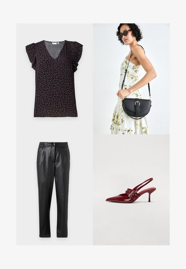 Črna kratka bluzica s kratkimi rokavi, ki se ponaša z V-izrezom in nabranimi rokavi, okrašena s pastelnim rožnatim in zelenim cvetnim vzorcem na teksturiranem materialu.; Črne usnjene hlače z gladko teksturo, ravnim krojem, elastičnim pasom in sprednjim gumbom; nagubani detajli in zoženi nogi.; Rde lakirane sandalete na peto s ostrim nosom, dvema sponkami in tanko, srednje visokim peto središče. Gladka tekstura.; Črna usnjena torbica s ukrivljeno obliko, z odstranljivo naramnico in zlatimi dodatki. Torbica ima pokrov s podrobnostmi v obliki zaponke.
