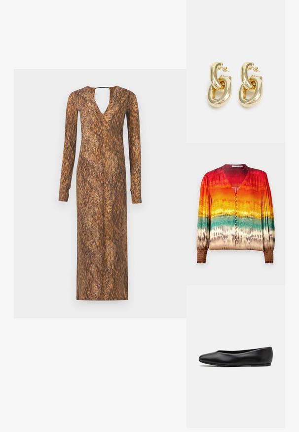 Blusa colorata con un motivo sfumato che va dal rosso all'arancione al teal, con scollo a V, chiusura con bottoni e polsini dettagliati.; Abito a maniche lunghe con scollatura a V e retro con apertura a chiave, caratterizzato da una texture marrone simile alla pelliccia e da un motivo su tutto il tessuto.; Paul Smith TOPANGA - Ballerine - black; Borsa in pelle stampata a coccodrillo marrone con forma cilindrica, accessori in tonalità oro e una tracolla staccabile con borchie.; Rabanne XL LINK  DOUBLE HOOP EARRINGS - Orecchini - gold-coloured