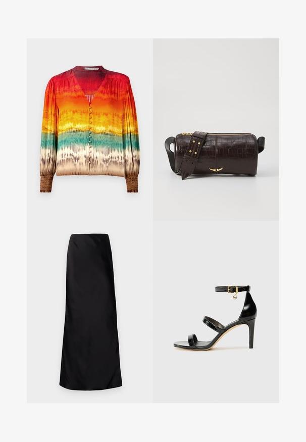 Színes blúz, amely pirosról narancssárgára, majd türkizre halad át egy gradiens mintázatban, V-nyakkivágással, gombos elejével és részletes mandzsettákkal.; Norma Kamali BIAS OBIE SKIRT - Maxiszoknya - black; Fekete lakk bőr szandál három pánttal, bokapánttal és 10 cm magasságú tűsarokkal. Arany színű részletekkel és logó charm-mal rendelkezik.; Barna krokodilbőr hatású bőr táska henger alakú, arany tónusú fémveretekkel és lecsatolható, szegecsekkel díszített pánttal.