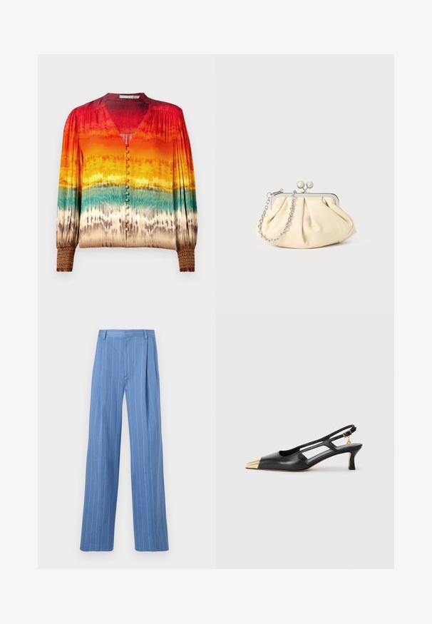 Spalvota bluzelė su gradientiniu raštu nuo raudonos iki oranžinės ir teal, su V formos iškirpte, mygtukų užsegimu ir detalizuotais rankogaliais.; Šviesiai mėlynos plačios kojų kelnės su vertikaliomis baltomis juostelėmis. Pagamintos iš lygaus audinio, turi priekinę raukšlę ir švarų juosmens dizainą.; Juodas odinis slingback batelis su smailiu pirštu ir auksine metaline nose. Pasižymi išpjovimo dizainu ir plonu kulnu su reguliuojamu dirželiu.; Plyšiniai smėlio spalvos odiniai rankinukai su sidabriniu metaliniu rėmu, turintys du apvalius dekoratyvinius užtrauktukus ir sidabrinę grandinėlę.