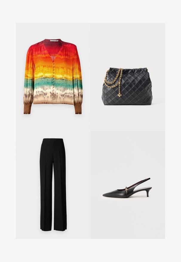 Színes blúz, amely pirosról narancssárgára, majd türkizre halad át egy gradiens mintázatban, V-nyakkivágással, gombos elejével és részletes mandzsettákkal.; Fekete, széles szárú nadrág sima tapintással, magas derékkal és középen pliszével. Nincsenek látható minták vagy fém részletek.; Fekete bőr női sarokszandál, hegyes orral, vékony tűsarkúval és arany színű díszítéssel a bokapántnál. Simító felület és letisztult forma.; Fekete steppelt bőrtáska lánc pánttal, díszes charm-mal. Puha textúra, struktúrált forma és laza sziluett.