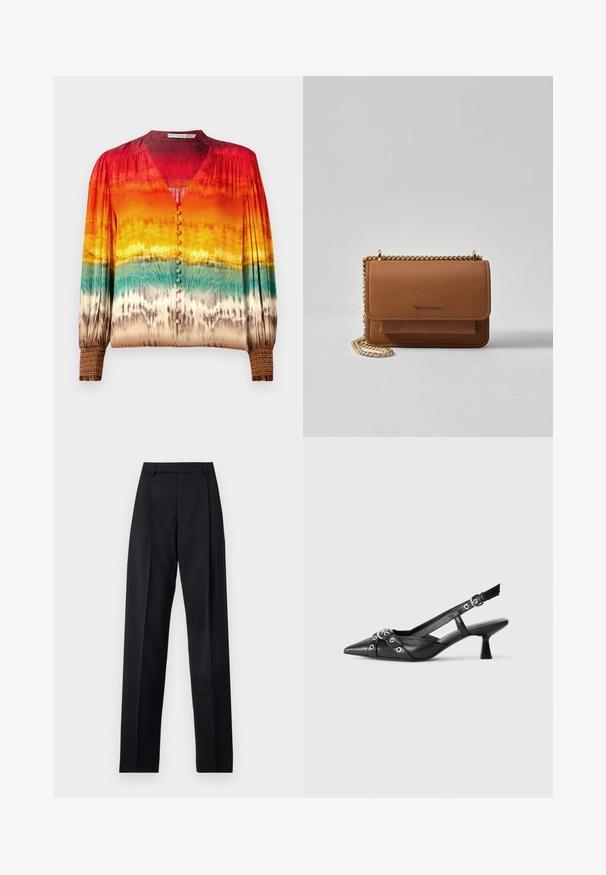Värvikas pluus, millel on gradientmustrit punasest oranžini ja türkiissiniseni, V-kujuline kaelus, nööbiga esiosa ja detailseid mansette.; Mustad püksid siledast kangast, millel on kõrge vöökoht, laiad jalad, esimesed kortsud ja klassikalised vööloopid. Küljepockets pole nähtavad.; Must must have must toote tõmblukuga, dekoratiivsed rihmad metallist silmadega ja madal blokk-kand. Tekstureeritud pind.; Pruun tekstureeritud nahk ristkeha kott kuldse ahelaga rihmaga ja klapiga sulgemine. Esiküljel on logo detail ja tasku klapi all.