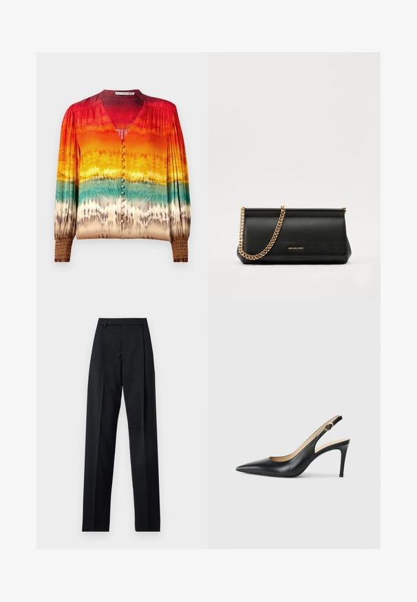 Šarena bluzica s gradijentnim uzorkom od crvene do narančaste do tirkizne, s V-izrezom, gumbima sprijeda i detaljnim rukavima.; Crne hlače od glatkog materijala s visokim strukom, širokim nogavicama, prednjim pregibima i klasičnim petljama za remen. Nema vidljivih bočnih džepova.; Crne kožne slingback visoke potpetice s šiljastim nosom, podesivim trakama i elegantnim stiletto potpeticama, s glatkom završnom obradom.; Crna kožna torbica sa zlatnim lančićem, koja se odlikuje glatkom teksturom, pravokutnim oblikom i utisnutim brendom na prednjoj strani.