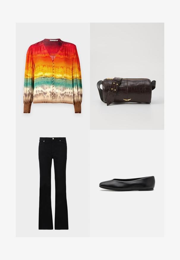 Farverig bluse med et gradientmønster fra rød til orange til teal, med v-udskæring, knaplukning foran og detaljerede manchetter.; Sorte bløde jeans lavet af denim, med to frontlommer, knaplukning og en glat tekstur. Signaturstikninger synlige ved sømmene.; Paul Smith TOPANGA - Ballerinasko - black; Brun krokodilleder taske med cylindrisk form, hardware i guld-tone, og en aftagelig rem med nitter.