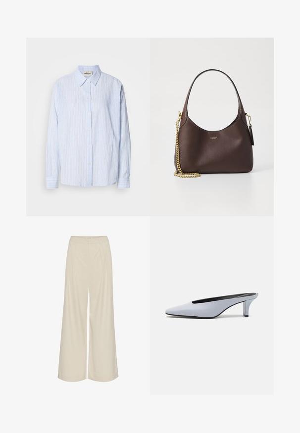 Lichtblauw gestreept overhemd met knoopsluiting, een klassieke kraag, lange mouwen en een ontspannen pasvorm, met smalle verticale strepen in contrasterende kleuren.; Wijdbenige broeken van een lichtbeige stof, met plooien, een hoge taille en een gladde textuur zonder zichtbare versieringen.; Lichtblauwe patentleren mule met een spitse neus, een lage doorzichtige hak, en een strak ontwerp met een uitsparing bij de vamp.; COACH BROOKLYN SHOULDER BAG 23 - Handtas - maple