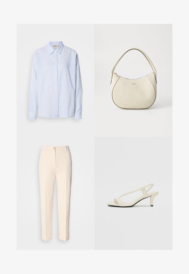 Lyseblå rutete skjorte med klassisk krage, lange ermer og en avslappet passform, med smale vertikale striper i kontrastfarger.; Kremfargede, høy-taljede bukser laget av teksturert stoff. Har lukking med frontknapp og avsmalnende ben.; Beige blokk-høydesandaler med tynne stropper og firkantet tå. Glatt materiale med minimale detaljer, designet for enkel bruk.; Kremfarget håndveske med teksturert overflate, buet form, kort håndtak og gullfarget logo. Glidelås lukking på toppen.