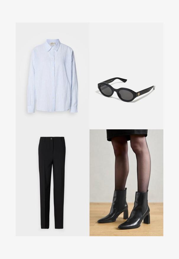 Cămașă cu dungi albastre deschise, cu guler clasic, mâneci lungi și croială lejeră, având dungi verticale înguste în culori contrastante.; Pantaloni negri croiți, cu un design drept, având sistem de închidere cu nasture și centură, confecționați dintr-un material neted.; Botine negre din piele, cu vârful ascuțit, toc pătrat masiv și un design elegant. Au panouri laterale elastice pentru o îmbrăcare ușoară.; Ochelari de soare ovali negri cu lentile întunecate și ramă din plastic lucios. Prezintă un logo aurit pe bradă, oferind un design elegant și modern.; Cercei din metal argintiu cu un design sculptural ondulat, prezentând o finisare lucioasă și forme neregulate, evidențiind o estetică contemporană.