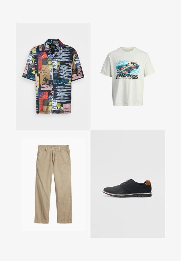 Lühikeste varrukatega särk, millel on tume navy taust, millel on erksad abstraktsed mustrid punase, rohelise, roosa ja sinise värviga. Materjal näib olevat kerge ja värvikas.; Valge puuvillane T-särk, millel on graafiline trükk võidusõiduaudiga, siniste ja oranžide aktsentidega ning tekst "AERODÜNAAMIKA". Lõdva istuvusega.; Beeži sirged säärte chinos-püksid, millel on vööloopide, esipainutatud nupud ja tõmblukk ning kaldega esikotid.; Mustavad sünteetilised jalatsid tekstureeritud pealsega, siledad aktsendid, pruun kand ja kontrastne tall. Omab minimaalset lukkude ja õmbluste dekoratsiooni.