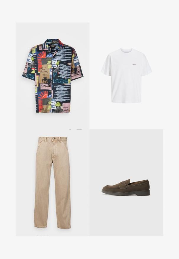Rövid ujjú ing sötét tengerészkék alapszínben, élénk, absztrakt mintákkal vörös, zöld, rózsaszín és kék színekben. Az anyag könnyűnek és színesnek tűnik.; Fehér pamut póló rövid ujjal, kerek nyakkivágással, az elülső bal oldalon egy kis fekete nyomott "Originals" logóval.; Beige színű farmernadrág egyenes fazonnal, elülső zsebekkel, fém gombos záródással és diszkrét textúrával.; Barna velúr loafer, lekerekített orral, egy csíkkal a lábfejen, és lapos gumitalppal. Egyszerű dizájn, letisztult vonalakkal és minimális részletezéssel.