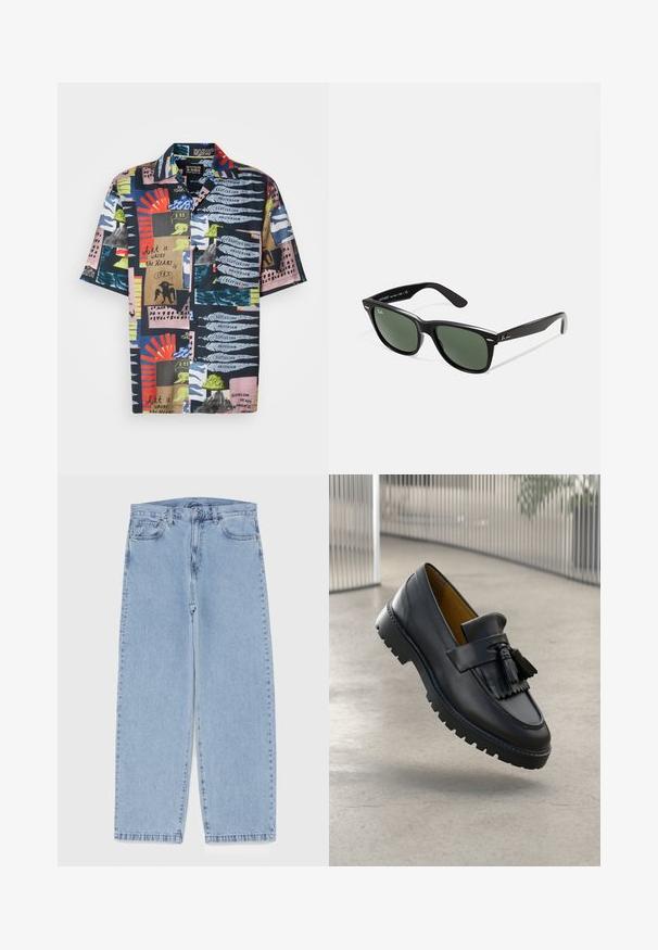 Kurzarmhemd mit einem dunkelblauen Grundton und lebhaften, abstrakten Mustern in Rot, Grün, Pink und Blau. Das Material scheint leicht und bunt zu sein.; Weißes Baumwoll-Trägershirt mit Rundhalsausschnitt, breiten Trägern und geradem Saum, das eine glatte Textur aufweist und keine sichtbaren Muster hat.; Hellblaue Jeans aus Denim mit geradem Bein, ausgestattet mit einer mittelhohen Taille, fünf Taschen sowie einem Knopf- und Reißverschluss.; Schwarzer Lederloafer mit Quastenverzierung, glatter Oberfläche und Gummisohle mit Profilrillen. Innenfutter in kontrastierendem Braun.; Schwarze Plastiksonnenbrille mit grünen Gläsern, quadratischen Rahmen, silbernem Akzent auf der Augenbraue und strukturierten Bügeln. Angegebene Marke auf dem inneren Bügel.