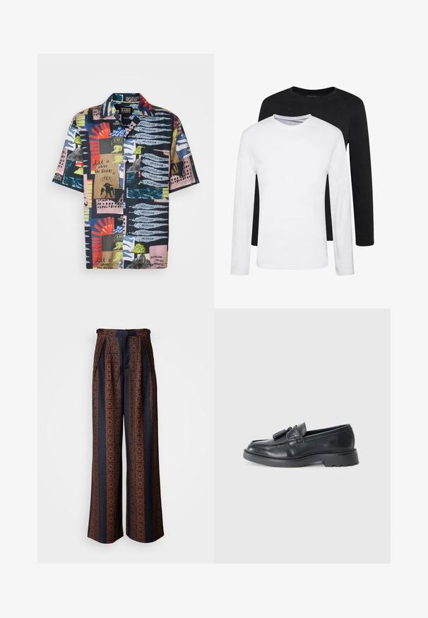 Majica s kratkimi rokavi, ki ima temno mornarsko osnovo z živahnimi, abstraktnimi vzorci v rdeči, zeleni, rožnati in modri barvi. Material se zdi lahek in barvit.; Dve majice z dolgimi rokavi, ena črna in ena bela, narejene iz bombaža z okroglim izrezom in gladko teksturo, prikazane v zloženem položaju.; Široke hlače iz temno modrega materiala, ki imajo zapleteno oranžno geometrijsko vzorčenje, z naborki spredaj in prilegajočim pasom.; Črne usnjene loafers sandale z zaobljenim nosom, pasom s resicami in robustnim podplatom z vzorcem profila. Gladka tekstura in klasičen dizajn.