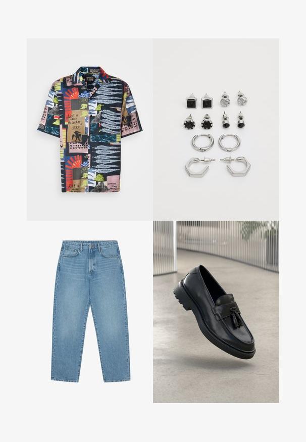 Kurzarmhemd mit einem dunkelblauen Grundton und lebhaften, abstrakten Mustern in Rot, Grün, Pink und Blau. Das Material scheint leicht und bunt zu sein.; Hellblaue Jeans aus Denim mit geradem Bein, Fünf-Taschen-Design und leicht verwaschener Textur. Mit Knopf- und Reißverschluss ausgestattet.; Schwarze Leder-Loafer mit glatter Oberfläche, dekorativem Quasten, dicker Gummisohle und abgesteppten Akzenten. Leichtes und schlankes Design.; Silberfarbene Ohrring-Set, bestehend aus zwei Paar Ohrhänge und sechs Paar Ohrstecker in verschiedenen Formen und Texturen, einschließlich schwarzer Akzente.