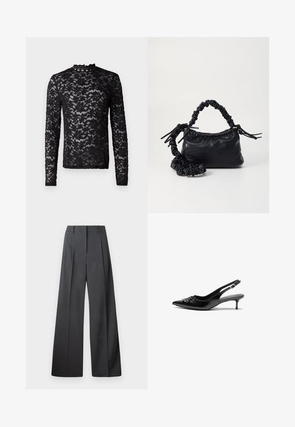 Black long-sleeve sheer lace top with floral pattern and a high neckline featuring a small ruffle trim.; Wide-leg trousers in dark gray fabric, featuring a high waist, single pleats, and a smooth texture with a clean finish at the hems.; Black leather slingback heels with a pointed toe, small kitten heel, and a decorative knot detail on the front. Smooth texture throughout.; Black faux leather handbag with a crocodile texture, cinched top, and a scrunched strap. Appears soft and compact in design.