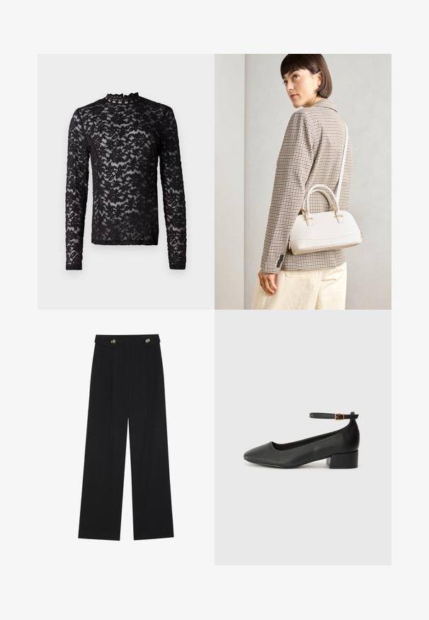 Black long-sleeve sheer lace top with floral pattern and a high neckline featuring a small ruffle trim.; Black wide-leg trousers with high waist, button details on waistband, and front pleats.; Black leather pump with a pointed toe and a low block heel. Features an ankle strap with a gold-tone buckle. Smooth texture.; White structured handbag with short handles and a shoulder strap, featuring gold hardware accents and textured material, displayed against a grey background.