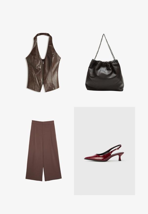 Rjav umetni usnjeni top s halterjem, ki ima globok V-izrez, prilegajoč dizajn in sprednji zadrgo. Tkanina ima gladko, sijočo teksturo.; Rjave široke hlače z gladko teksturo, ki imajo visok pas in sprednje naborke. Tkanina je lahka in prosto pada.; Burgundske paten kože slingback pete s oštrim nosom i elegantnom stiletto petom. Dizajn s otvorenom stražnjom stranom s podesivim detaljem na remenu oko gležnja.; Rjava usnjena torba z nabranim vrhom in verižnim trakom. Gladka tekstura z sijajno površino in subtilnimi šivi na straneh.