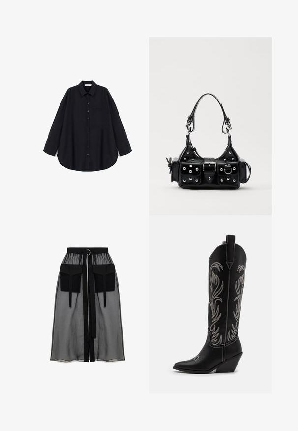 Cămașă neagră cu butoni, realizată dintr-un material texturat. Prezintă un guler ascuțit, mâneci lungi, un buzunar pe piept și o tivă curbată.; Fustă neagră transparentă cu un talie plisată, având două buzunare mari în față, un cordon pentru talie și un accent metalic circular.; Bocanci de cowboy din piele neagră, cu vârfuri ascuțite, toc wedge și modele florale brodate cu fir argintiu de-a lungul tijei. Cusături în contrast pe întreaga suprafață.; Geantă de piele neagră cu un design curbat, dotată cu studuri argintii, o cataramă și două buzunare laterale. Curea ajustabilă pentru opțiuni de transport.