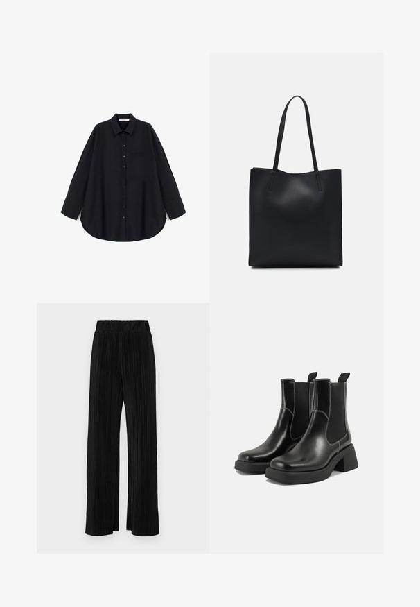 Cămașă neagră cu butoni, realizată dintr-un material texturat. Prezintă un guler ascuțit, mâneci lungi, un buzunar pe piept și o tivă curbată.; Pantaloni negri plisati cu talie elastică. Prezintă picioare largi și un material neted, texturat, cu dungi verticale.; Botine Chelsea din piele neagră, cu toc masiv, panouri laterale elastice și cusături albe contrastante. Finisaj texturat.; Geantă tote neagră din piele, cu textură netedă, formă rectangulară și două mânere lungi. Fără hardware vizibil sau ornamente.