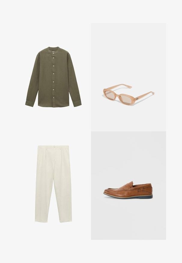 Camicia a maniche lunghe verde oliva con colletto a fascetta, realizzata in un tessuto testurizzato, caratterizzata da una chiusura frontale con bottoni e polsini con un bottone.; Pantaloni dritti color beige chiaro realizzati in tessuto morbido, con vita alta, pieghe frontali, chiusura a pulsante e tasche laterali.; Mocassini in pelle marrone con punta tondeggiante, dettagli cuciti e suola in gomma bassa. Il design presenta una banda sulla parte superiore.; Occhiali da sole con una montatura trasparente marrone chiaro, lenti ovali e aste sottili con un logo inciso in modo discreto. Finitura opaca con design minimalista.