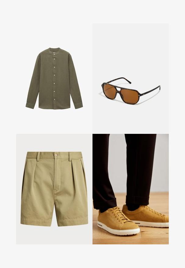 Camicia a maniche lunghe verde oliva con colletto a fascetta, realizzata in un tessuto testurizzato, caratterizzata da una chiusura frontale con bottoni e polsini con un bottone.; Bermuda khaki realizzati in tessuto misto cotone, con una design plissettato frontale, una vita classica con chiusura a bottone e orlo sartoriale.; Sneakers gialli a coste con suole bianche, caratterizzati da punta rotonda, design con lacci e superficie texturizzata, indossati con pantaloni neri a risvolto su un pavimento in legno.; Occhiali da sole tartaruga con lenti marroni, forma rettangolare e dettagli in metallo sulla montatura. Design elegante con aste sottili.