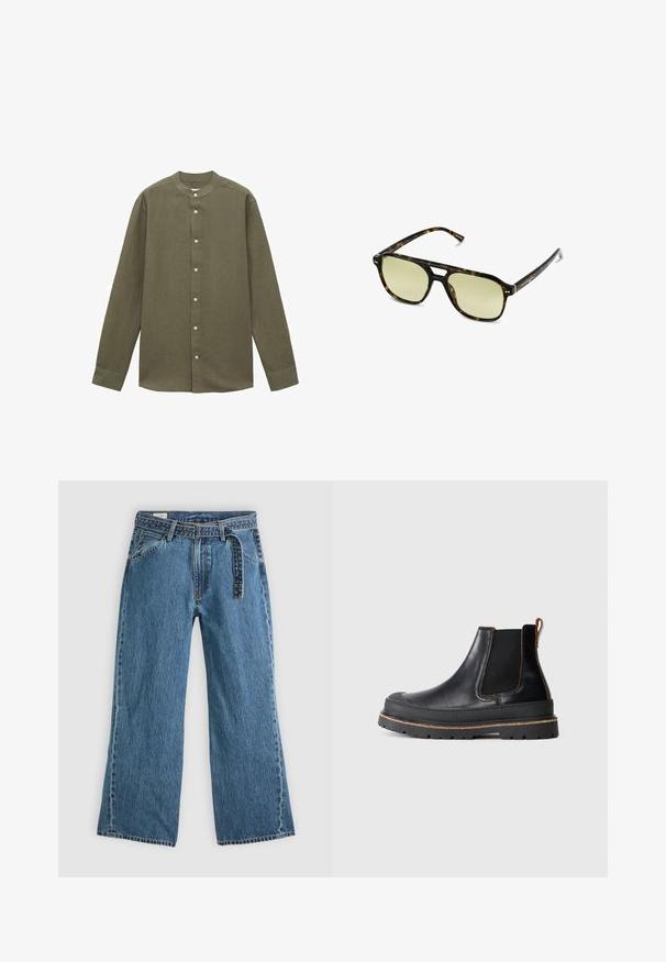 Camicia a maniche lunghe verde oliva con colletto a fascetta, realizzata in un tessuto testurizzato, caratterizzata da una chiusura frontale con bottoni e polsini con un bottone.; Jeans in denim blu con gamba larga, cintura attaccata, tasche laterali e cuciture visibili su uno sfondo chiaro e uniforme.; Stivale Chelsea in pelle nera con suola chunky, pannelli laterali elastici e linguetta marrone, mostrato su uno sfondo chiaro e neutro.; Occhiali da sole tartaruga con forma rettangolare, lenti con tonalità verde e montatura in acetato decorata. Presentano dettagli metallici vicino alle lenti.