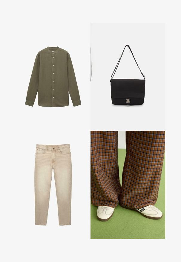 Pitkähihaine oliivinvihreä paita, jossa on bändikaulus, valmistettu tekstuuri kankaasta, edessä napitus ja yksinappiset hihansuut.; Beige farkut, joissa on suora lahje, viisi taskua, nappi- ja vetoketjukiinnitys sekä rispaantuneet lahkeiden päät.; Ruskonsin ja sininen ruutukuvioinen leveälahkeinen housut yhdistettynä valkoisiin kenkiin, joissa on mustia yksityiskohtia ja tekstuuripohjat, vihreää taustaa vasten.; Musta viestintälaukkua, joka on valmistettu sileästä materiaalista. Laatikko sisältää taitettavan kannen, hopeiset soljet ja säädettävän olkahihnan.