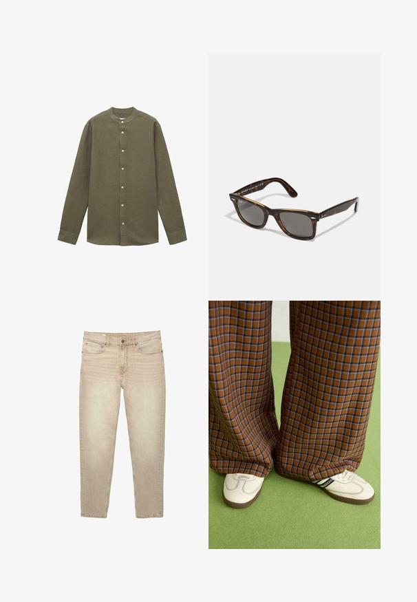 Pitkähihaine oliivinvihreä paita, jossa on bändikaulus, valmistettu tekstuuri kankaasta, edessä napitus ja yksinappiset hihansuut.; Beige farkut, joissa on suora lahje, viisi taskua, nappi- ja vetoketjukiinnitys sekä rispaantuneet lahkeiden päät.; Ruskonsin ja sininen ruutukuvioinen leveälahkeinen housut yhdistettynä valkoisiin kenkiin, joissa on mustia yksityiskohtia ja tekstuuripohjat, vihreää taustaa vasten.; Kalkkunakuoriset aurinkolasit harmailla linsseillä ja neliömäisellä kehysmuodolla, jossa on metalliset yksityiskohdat sankoissa ja logo osana suunnittelua.